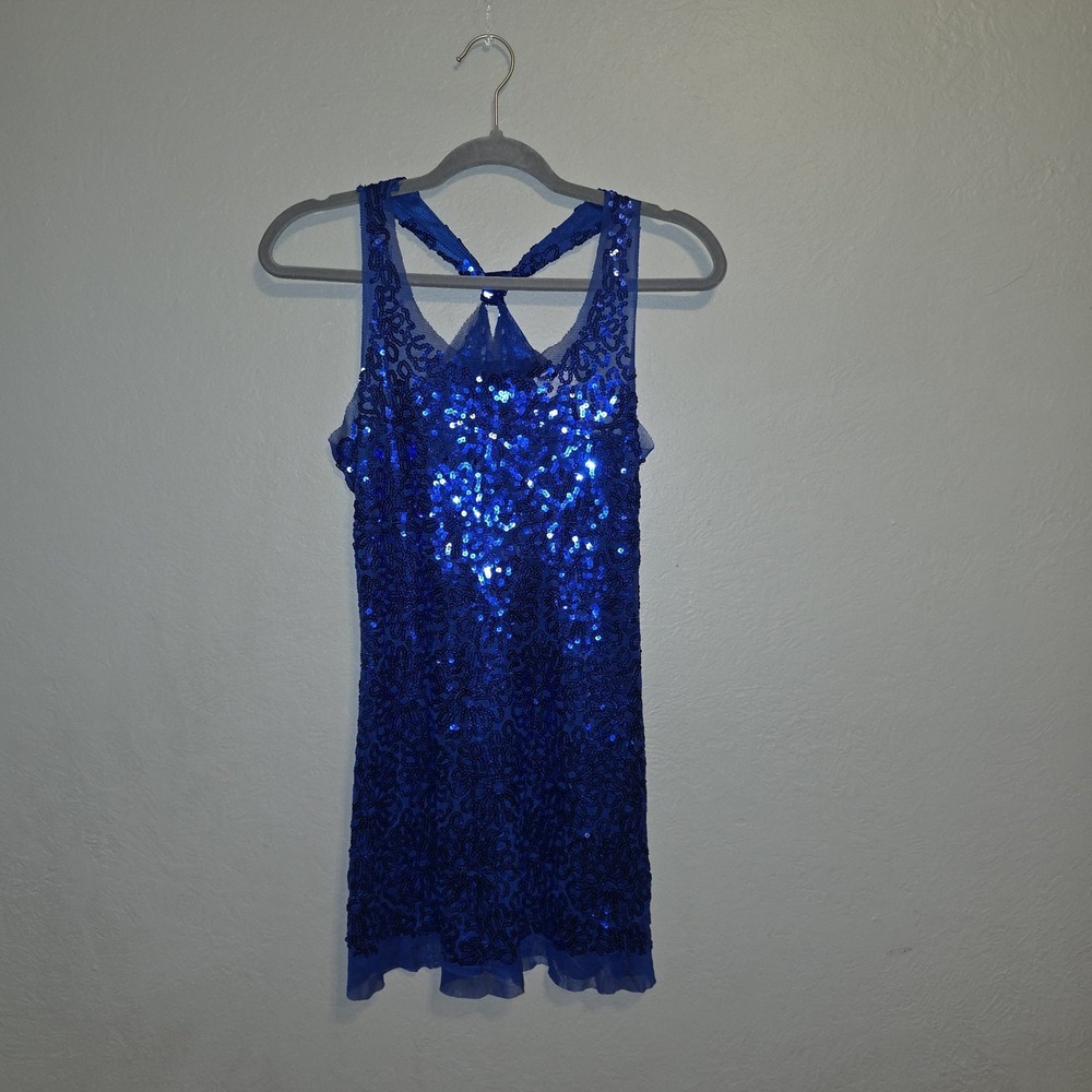 VINTAGE Deb Y2K 2000s Mesh Sequin Sheer Blue Mini Dress Party Going Out Club SzL